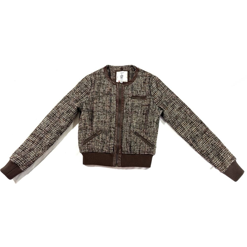 Forever 21 I Love H81 Tweed Bomber Jacket M Brown Faux Leather Zip Plaid Lined - Picture 2 of 12